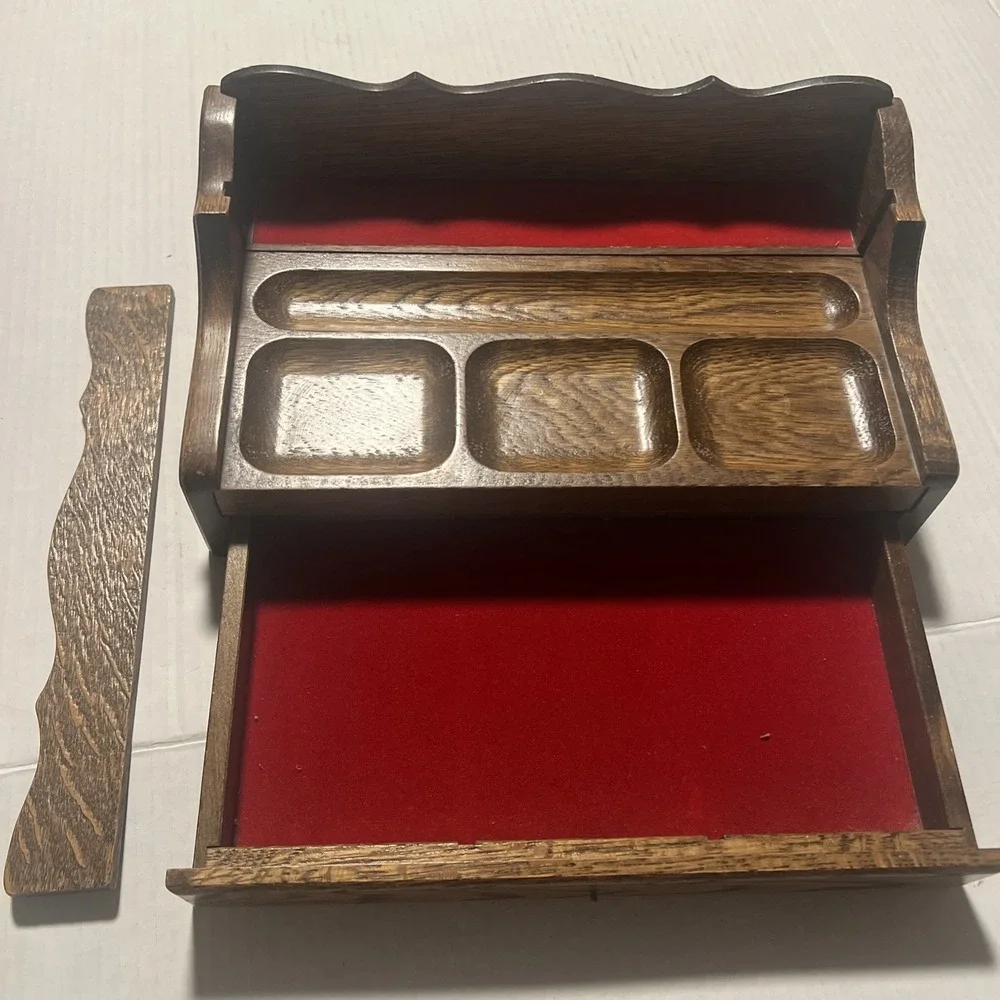 MidCentury Wooden Men's Valet Dresser Top Jewelry Organizer Red Velvet Lining